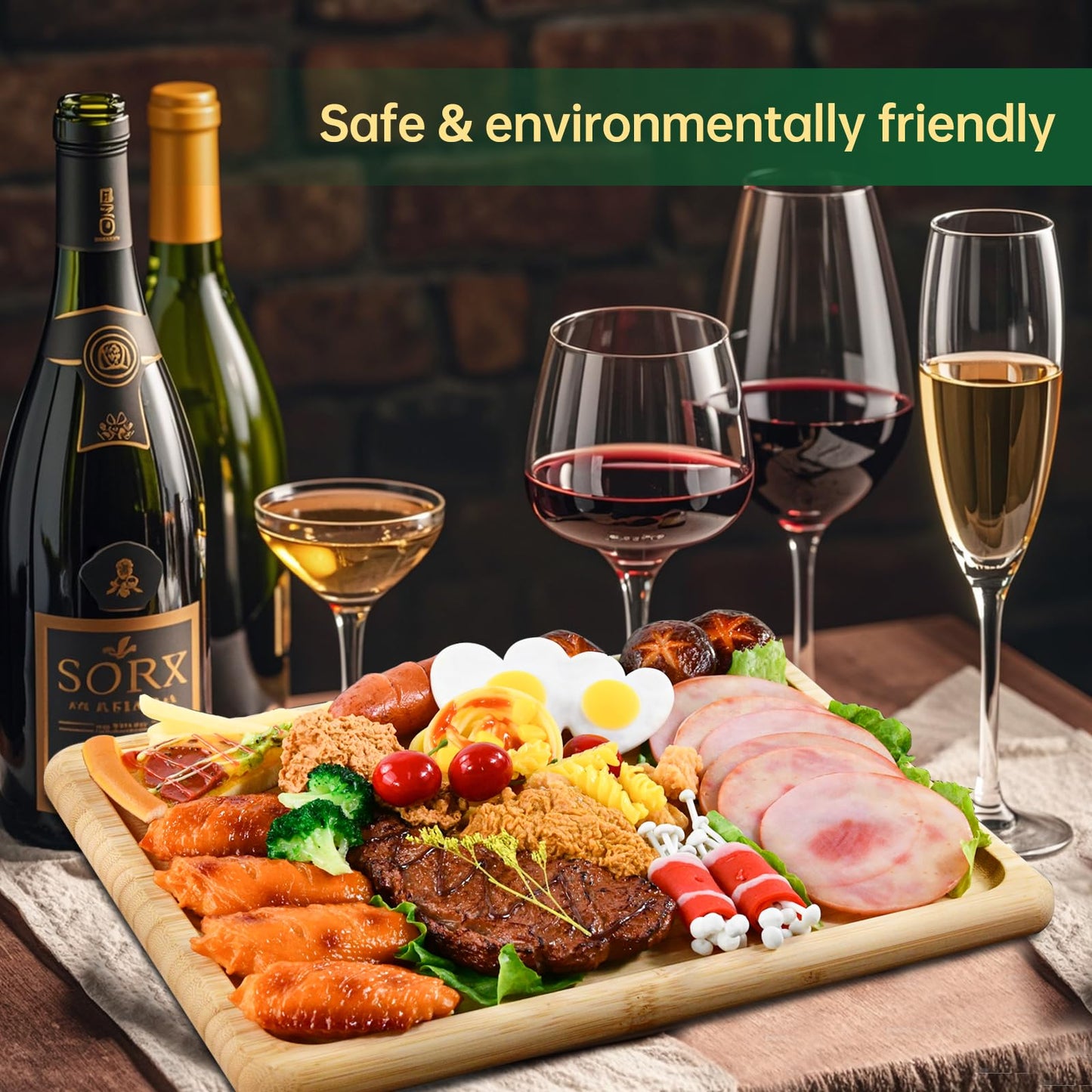 2 in 1 Double Sided Titanium Cutting Board & Bamboo Food Serving Charcuterie Cheese Board with Compartments, Stainless Steel Chopping Board Kitchen Serving Tray for Meat, Veggies,Snacks 13*10*0.8"