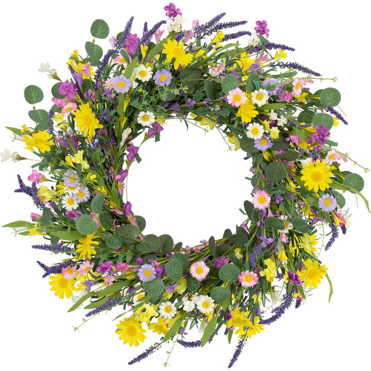 J'FLORU Spring Wreaths for Front Door 22 Inch Artificial Summer Wreath Daisy and Lavender Wreath with Wildflowers for Home Wall Farmhouse Springtime Easter Holiday Party