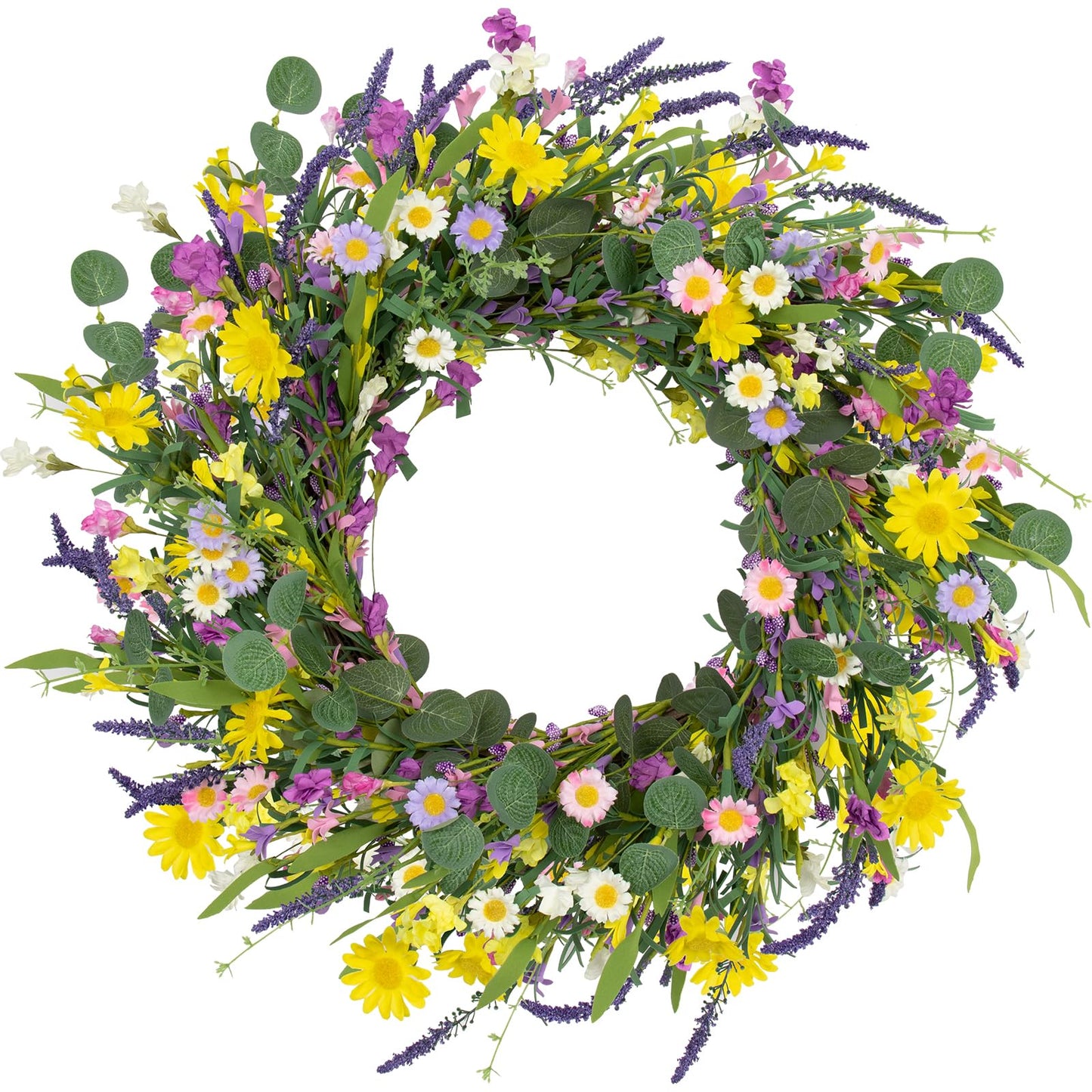 J'FLORU Spring Wreaths for Front Door 22 Inch Artificial Summer Wreath Daisy and Lavender Wreath with Wildflowers for Home Wall Farmhouse Springtime Easter Holiday Party