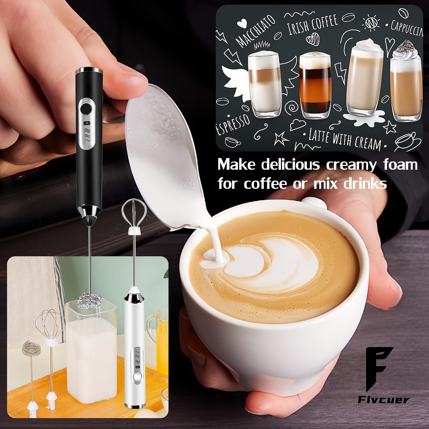 Fivcuer Rechargeable Milk Frother,Milk Frother Handheld with 2 Heads 3 Speeds,Coffee Mixer with Stand,Electric Milk Bubbler,Detachable Stainless Steel Whisk,for Latte,Cappuccino,Matcha,Egg (White)