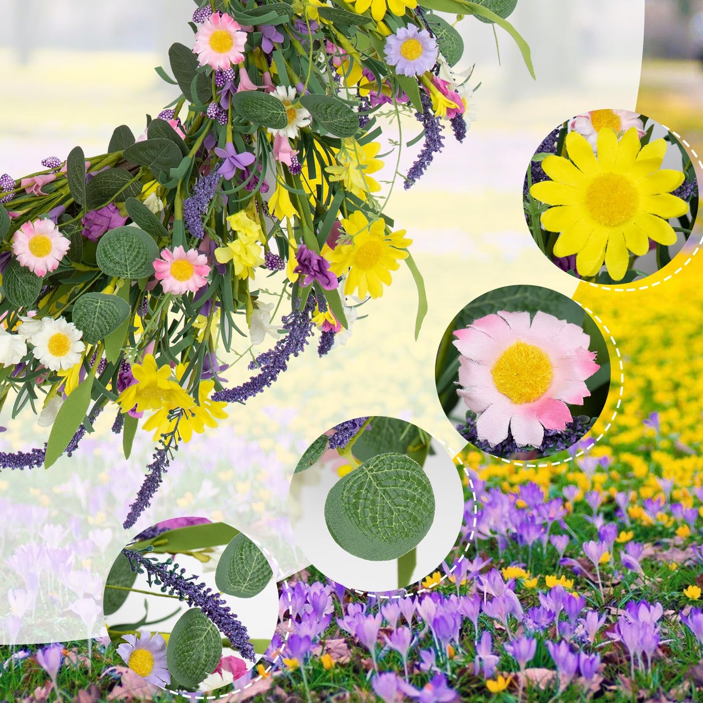 J'FLORU Spring Wreaths for Front Door 22 Inch Artificial Summer Wreath Daisy and Lavender Wreath with Wildflowers for Home Wall Farmhouse Springtime Easter Holiday Party