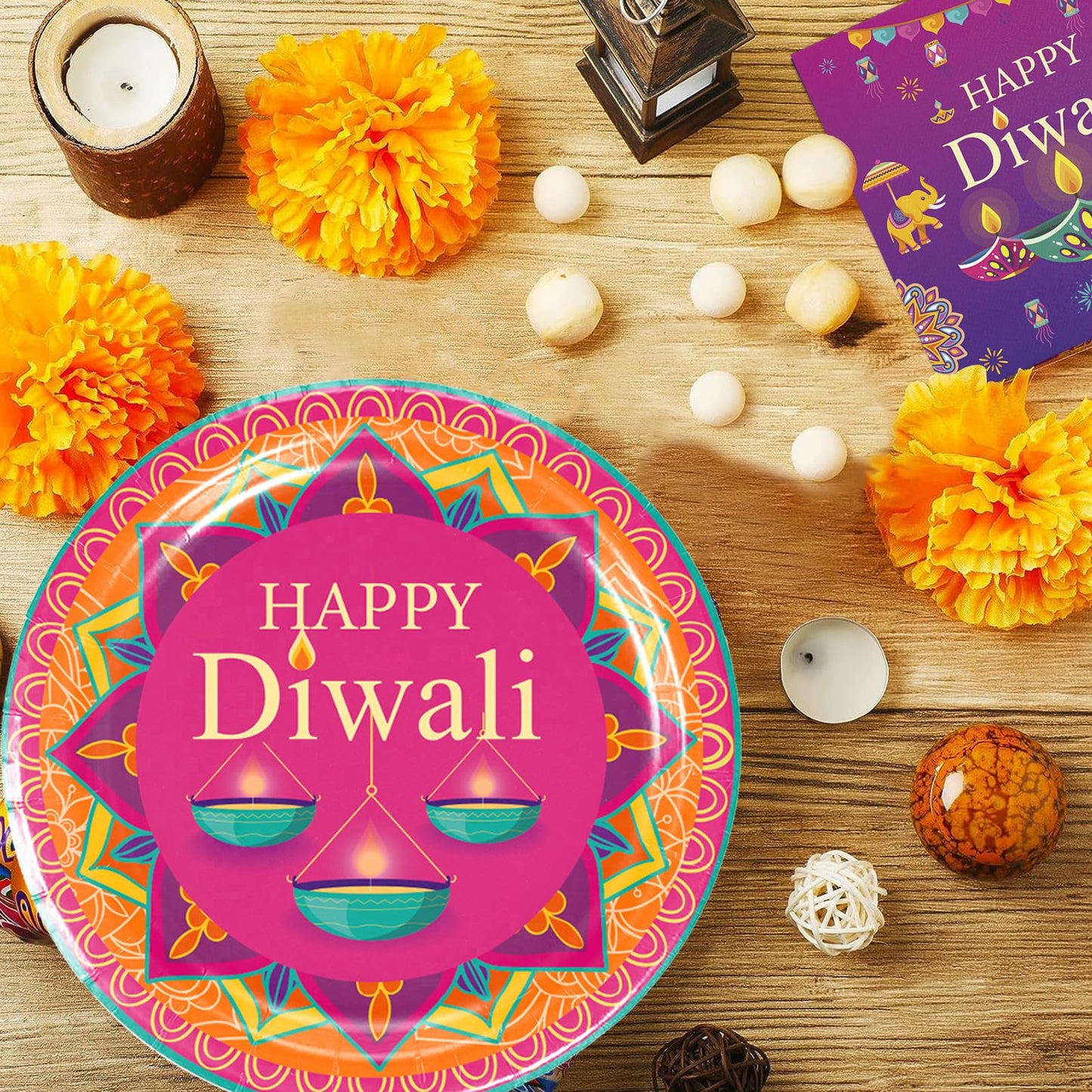 60Pcs Diwali Party Supplies,Happy Diwali Party Disposable Tableware Include Plates Cupsand Napkins Indian Festival of Lights Party Decorations(Serves 20)
