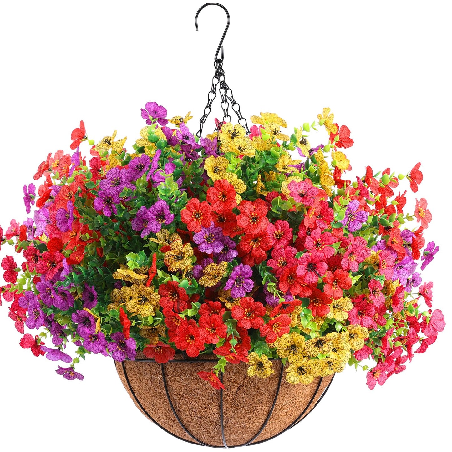 Hananona 2 Set Artificial Outdoor Flowers with Hanging Basket, 2 Hanging Planters with 24 Pcs Flowers for Spring Summer Front Porch Garden Patio Home Decor (2, Red, Purple, Yellow, Rose Red)