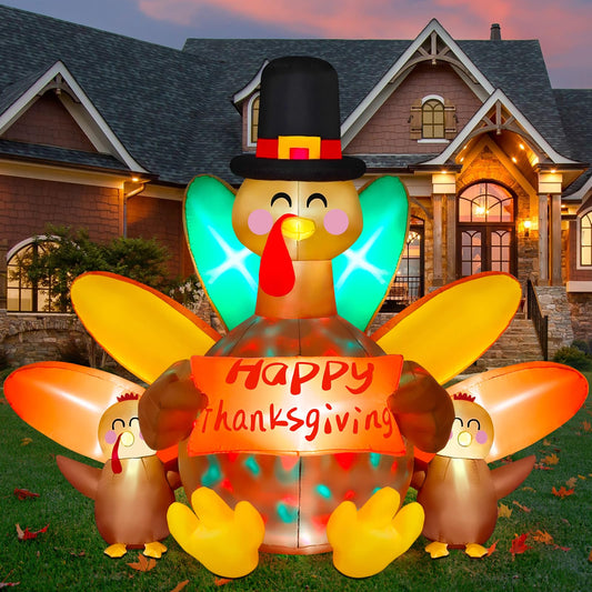 Danxilu 8FT Long Thanksgiving Inflatable Turkey Outdoor Decorations, Huge Inflatable Turkey with Chicks & Banner Built-in Rotating Colorful Lights Blow Up Yard Decoration for Party Holiday Garden
