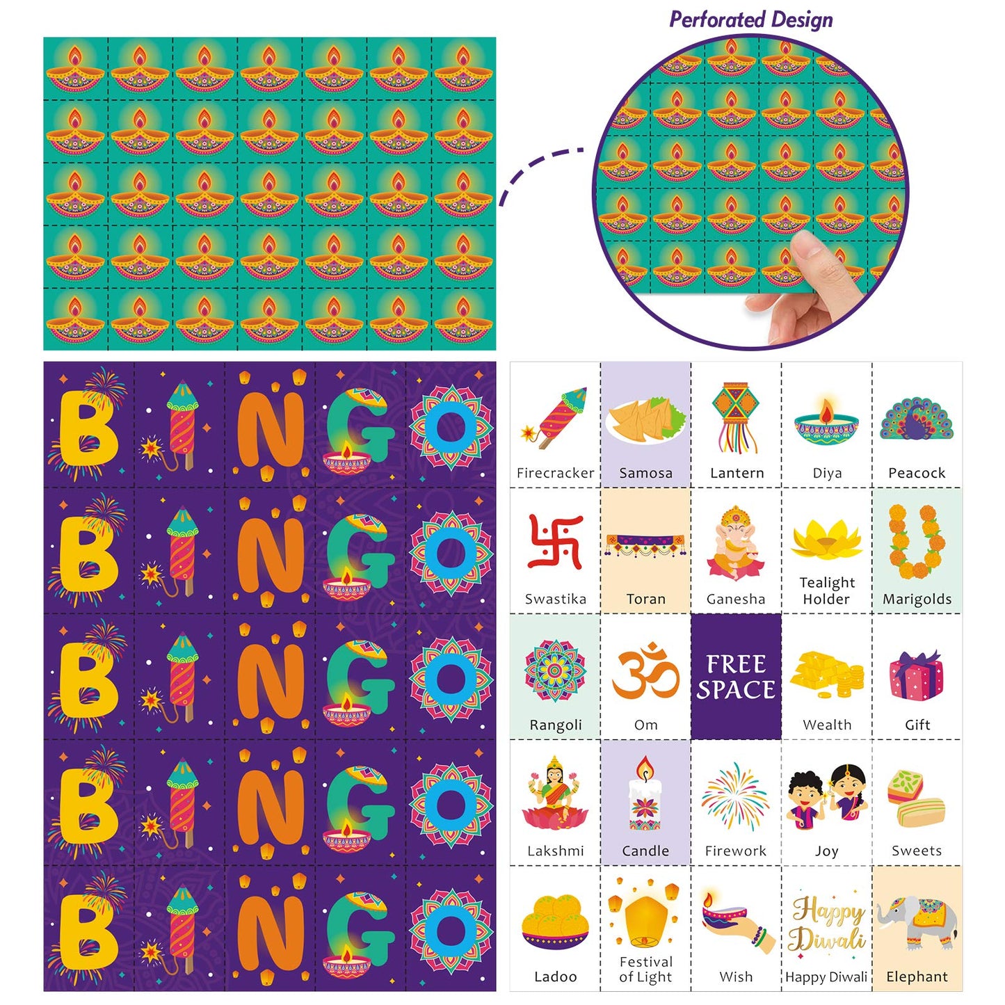 Bessmoso Diwali Bingo Game Happy Diwali Bingo Set Diwali Gift Festival of Lights Indian New Year Party Favors 24 Players