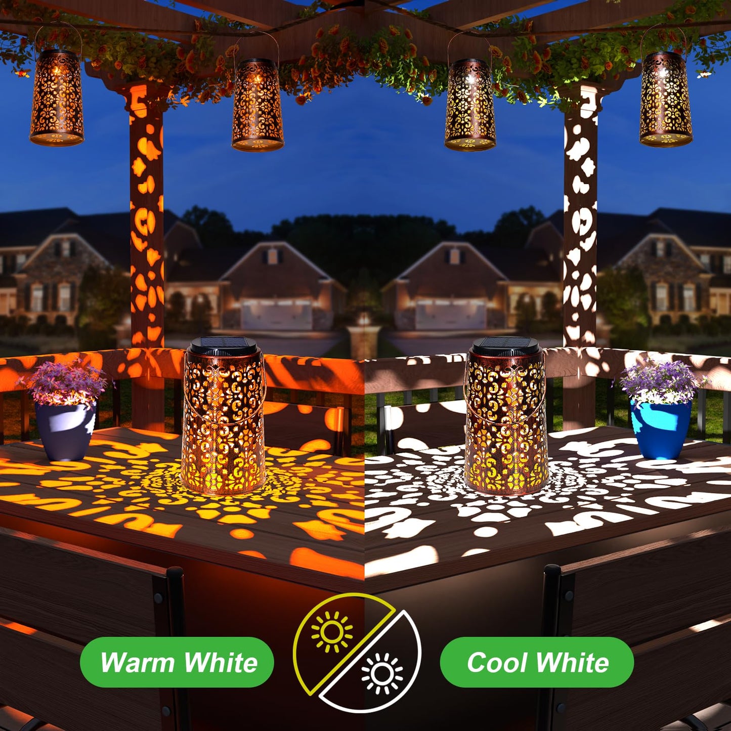 Solar Lanterns Outdoor Waterproof - 4 Pack Hanging Solar Lights Gifts for Women Mom Grandma Decorative Lantern for Patio Decor Garden Yard Backyard Porch Table Tree Lighting, Cool/Warm Light