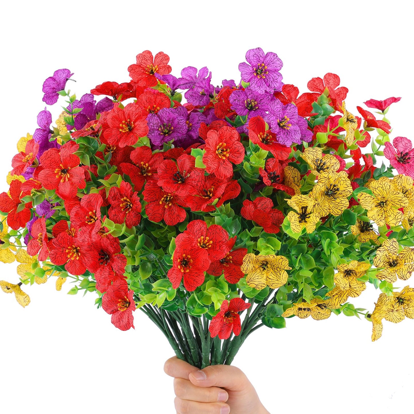 Hananona 2 Set Artificial Outdoor Flowers with Hanging Basket, 2 Hanging Planters with 24 Pcs Flowers for Spring Summer Front Porch Garden Patio Home Decor (2, Red, Purple, Yellow, Rose Red)