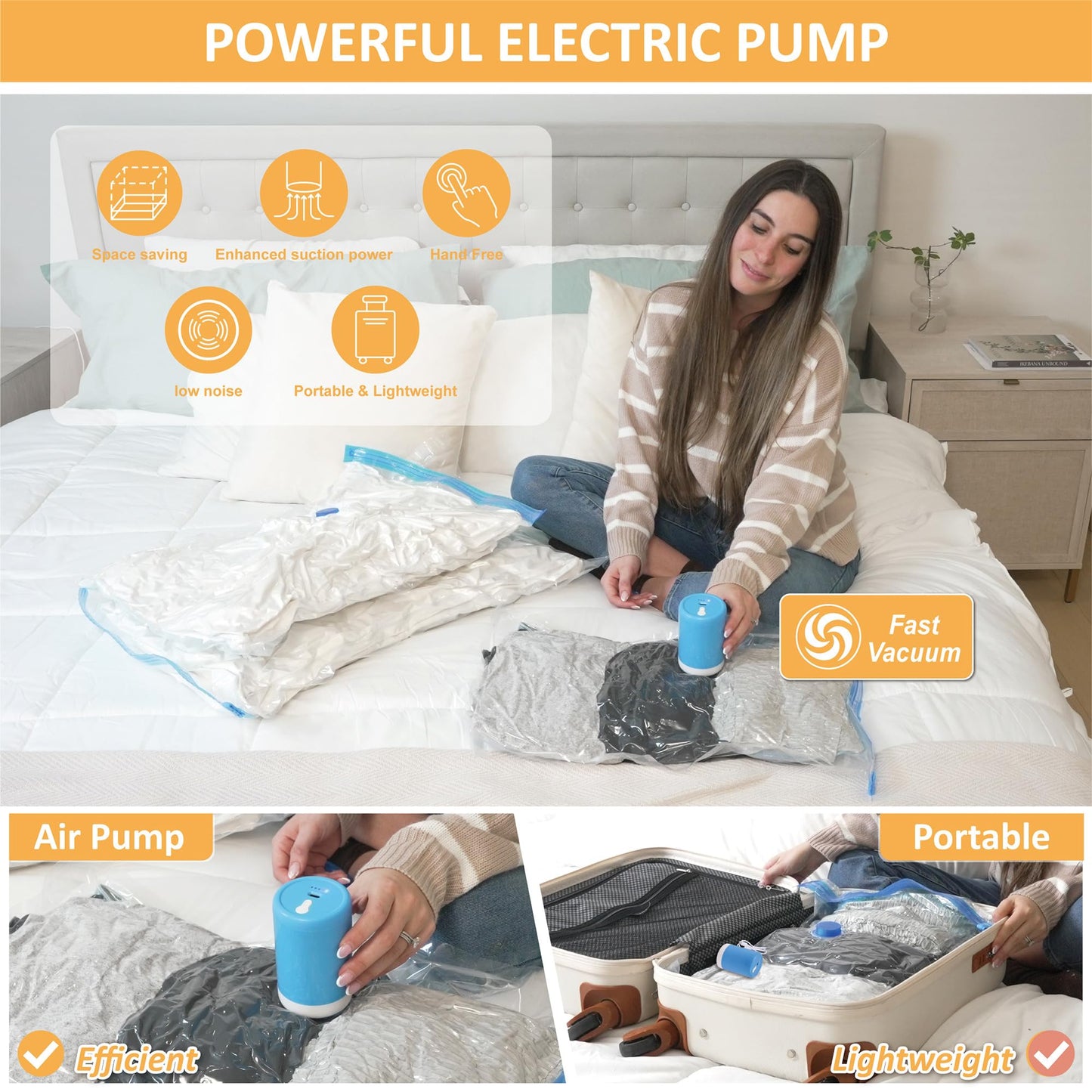 Vacuum Storage Bags with Electric Pump, 22 Pack (3 Jumbo/3 Large/8 Medium/8 Small) Vacuum Seal Space Saver Bags for Clothing, Pillows, Blanket, Bedding, Comforters