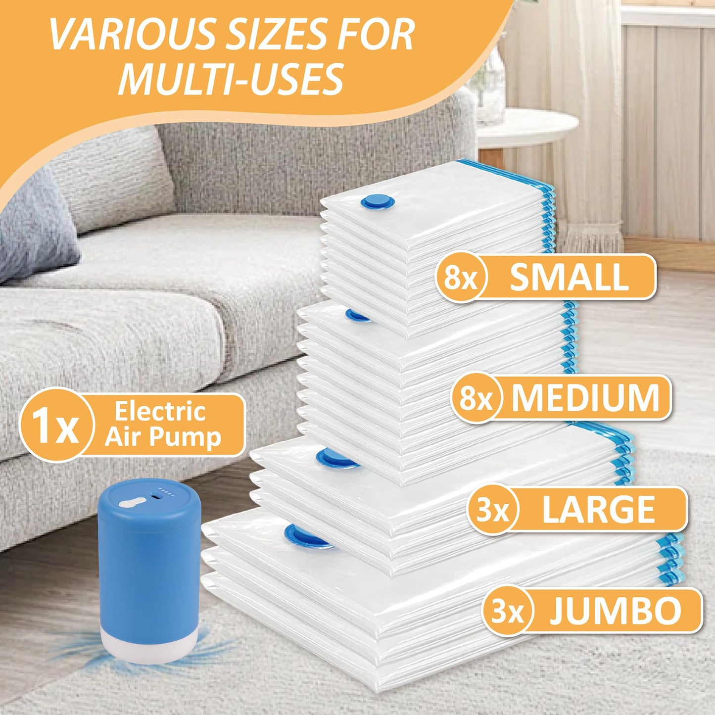 Vacuum Storage Bags with Electric Pump, 22 Pack (3 Jumbo/3 Large/8 Medium/8 Small) Vacuum Seal Space Saver Bags for Clothing, Pillows, Blanket, Bedding, Comforters