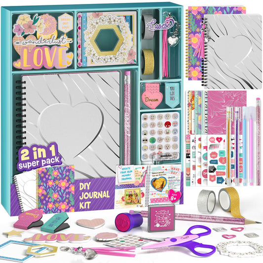 2-Pack Mega DIY Journal Kit - Gifts for Girls Ages 8 9 10 11 12 13 14 Year Old - Cool Birthday Gifts Ideas for Girls - Easter Art & Crafts for Kid - Teen Girls Trendy Stuff - Scrapbook & Diary Set