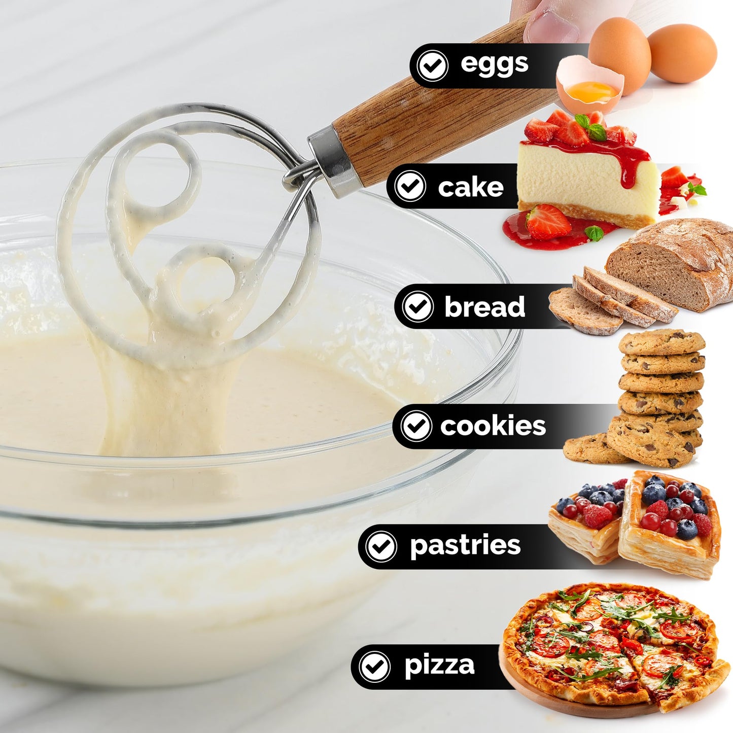 Zulay Kitchen Double-Eye 13" Danish Dough Whisk - Durable Easy Mixing Bread Whisk, Stainless Steel Danish Dough Hook, Sourdough Whisk For Mixing, Traditional Dutch Whisk, Dough Mixer Tool - Acacia