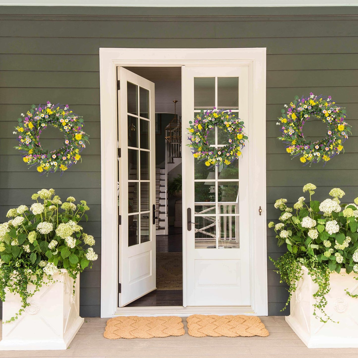 J'FLORU Spring Wreaths for Front Door 22 Inch Artificial Summer Wreath Daisy and Lavender Wreath with Wildflowers for Home Wall Farmhouse Springtime Easter Holiday Party