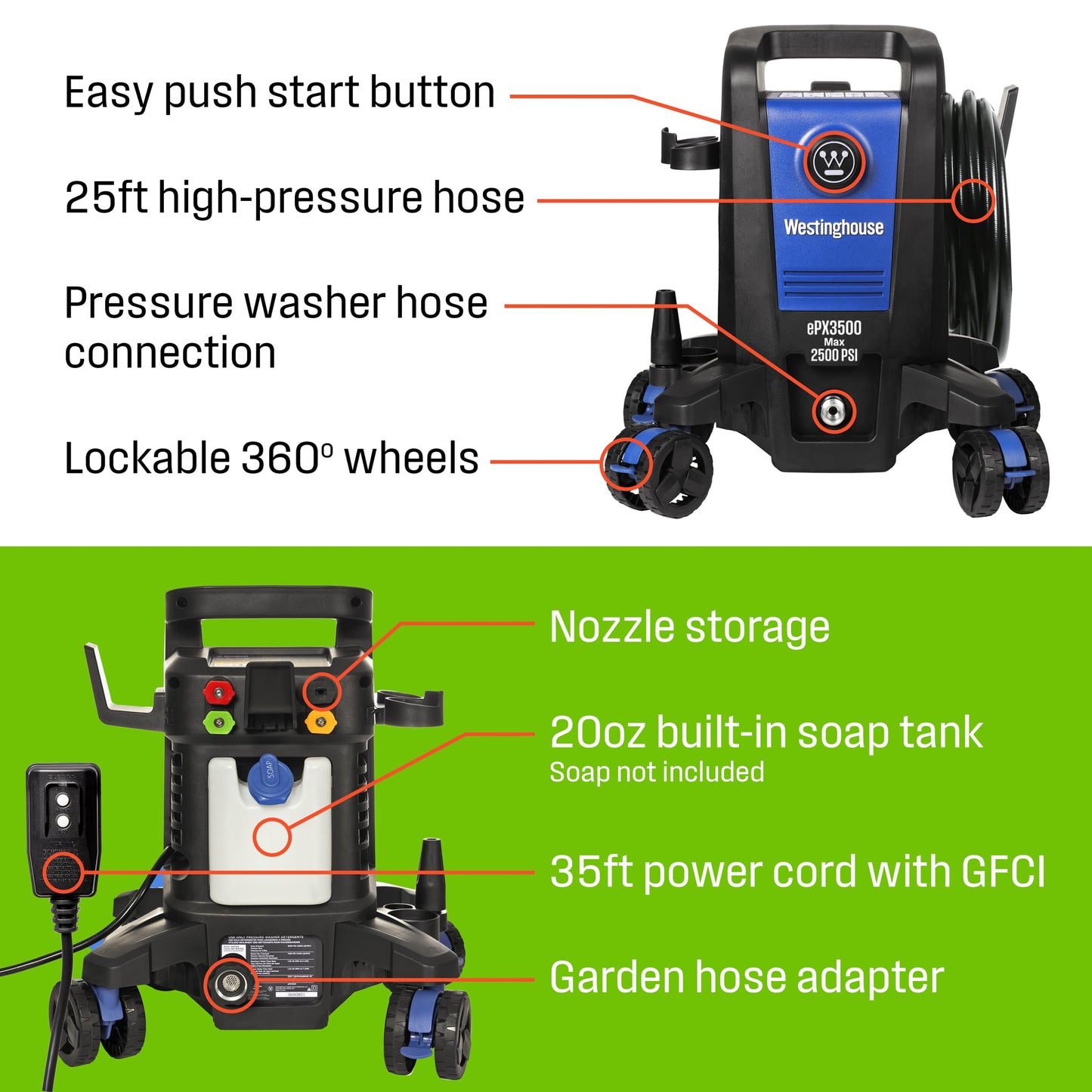 Westinghouse ePX3100 Electric Pressure Washer, 2300 Max PSI 1.76 Max GPM with Anti-Tipping Technology, Onboard Soap Tank, Pro-Style Steel Wand, 5-Nozzle Set, for Cars/Fences/Driveways/Home/Patios
