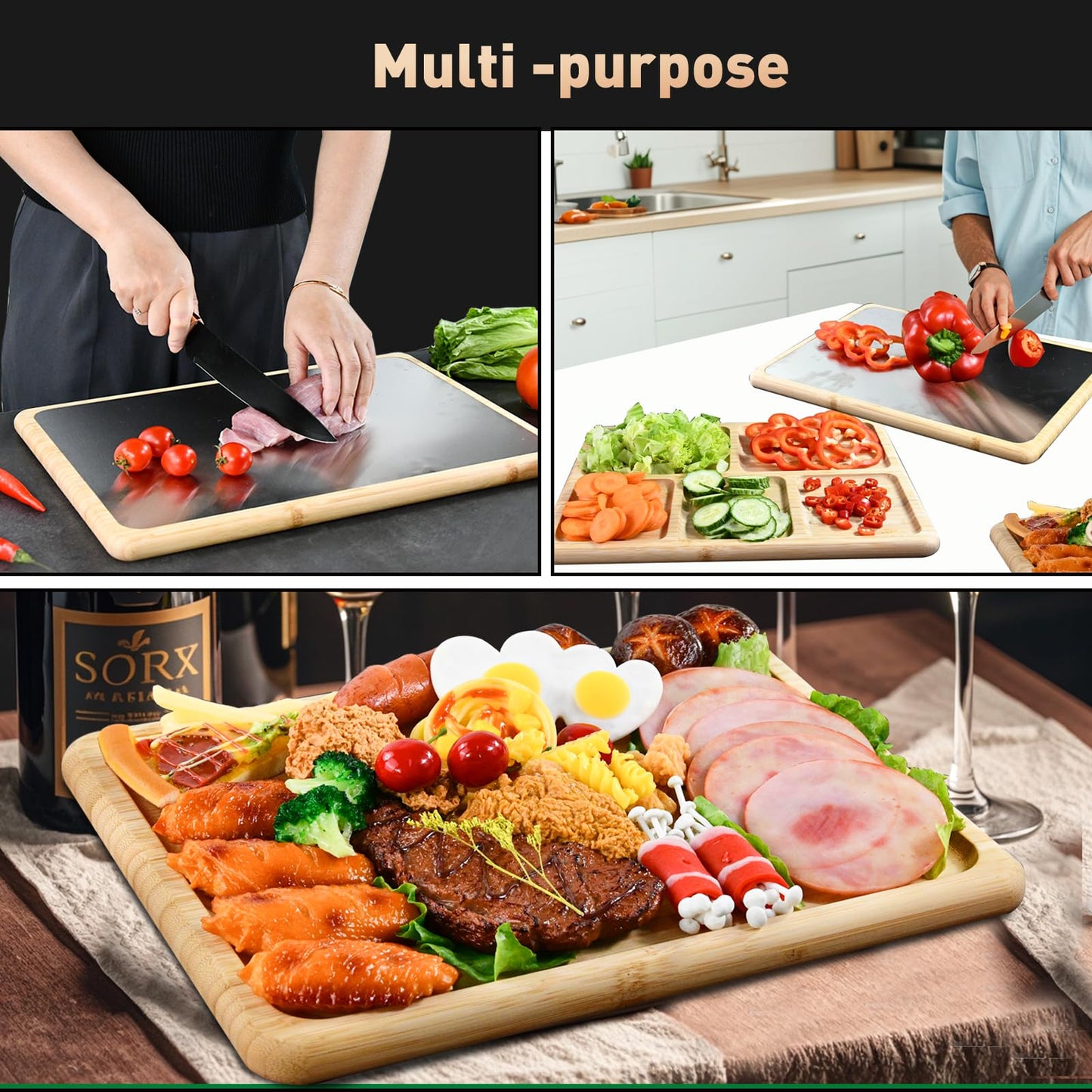 2 in 1 Double Sided Titanium Cutting Board & Bamboo Food Serving Charcuterie Cheese Board with Compartments, Stainless Steel Chopping Board Kitchen Serving Tray for Meat, Veggies,Snacks 13*10*0.8"