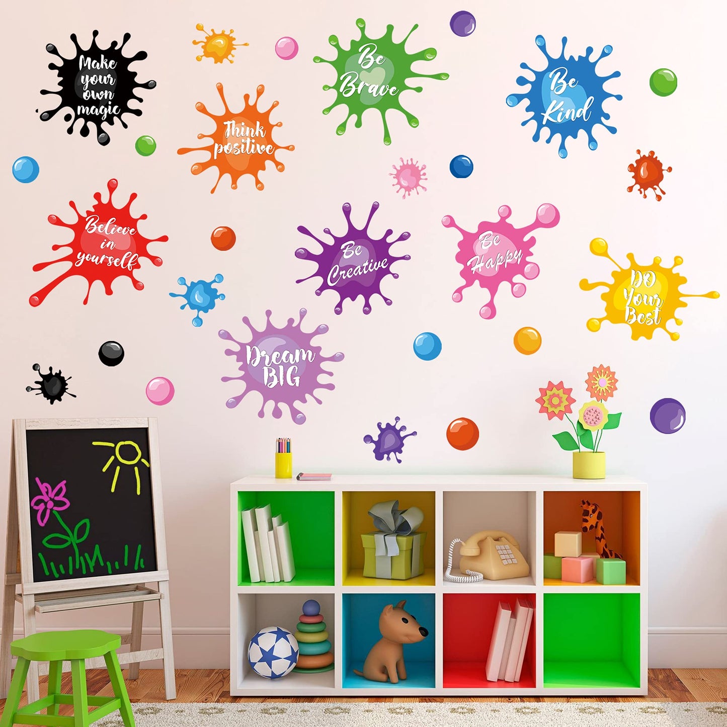 Colorful Inspirational Quote Wall Stickers Watercolor Paint Ink Splatter Splotches Wall Decals Motivational Letter Positive Sayings Phrases Educational Wall Sticker for Kids Classroom Playroom School