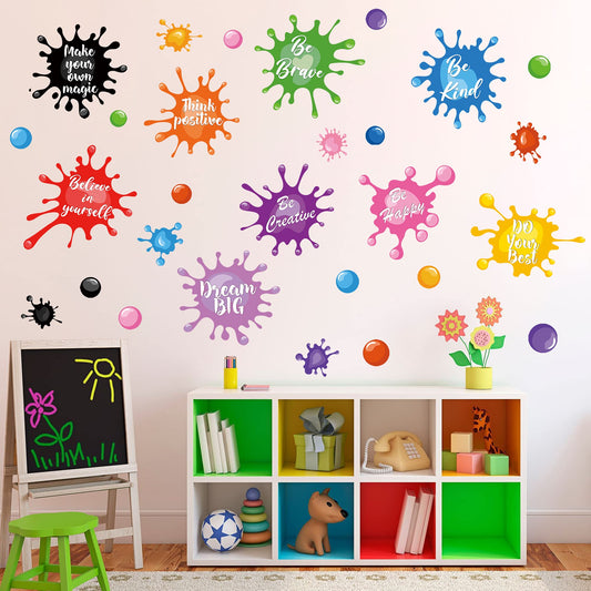 Colorful Inspirational Quote Wall Stickers Watercolor Paint Ink Splatter Splotches Wall Decals Motivational Letter Positive Sayings Phrases Educational Wall Sticker for Kids Classroom Playroom School