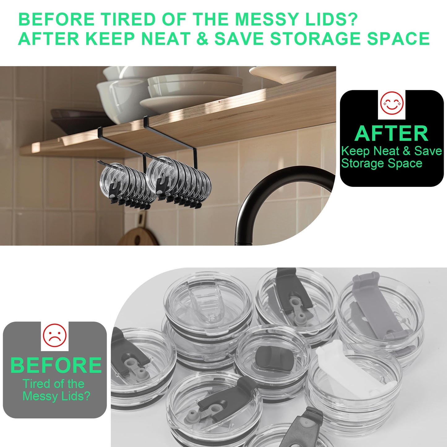 Tumbler Lid Organizers, 2PCS Cup Lid Storage Organizer, Ample Lid Capacity Up to 20 Lids, Clip-On Cup Lid Organizer for Saves Kitchen Space, No Adhesive No Drill, Hanging Paper Towel Rack Hanger