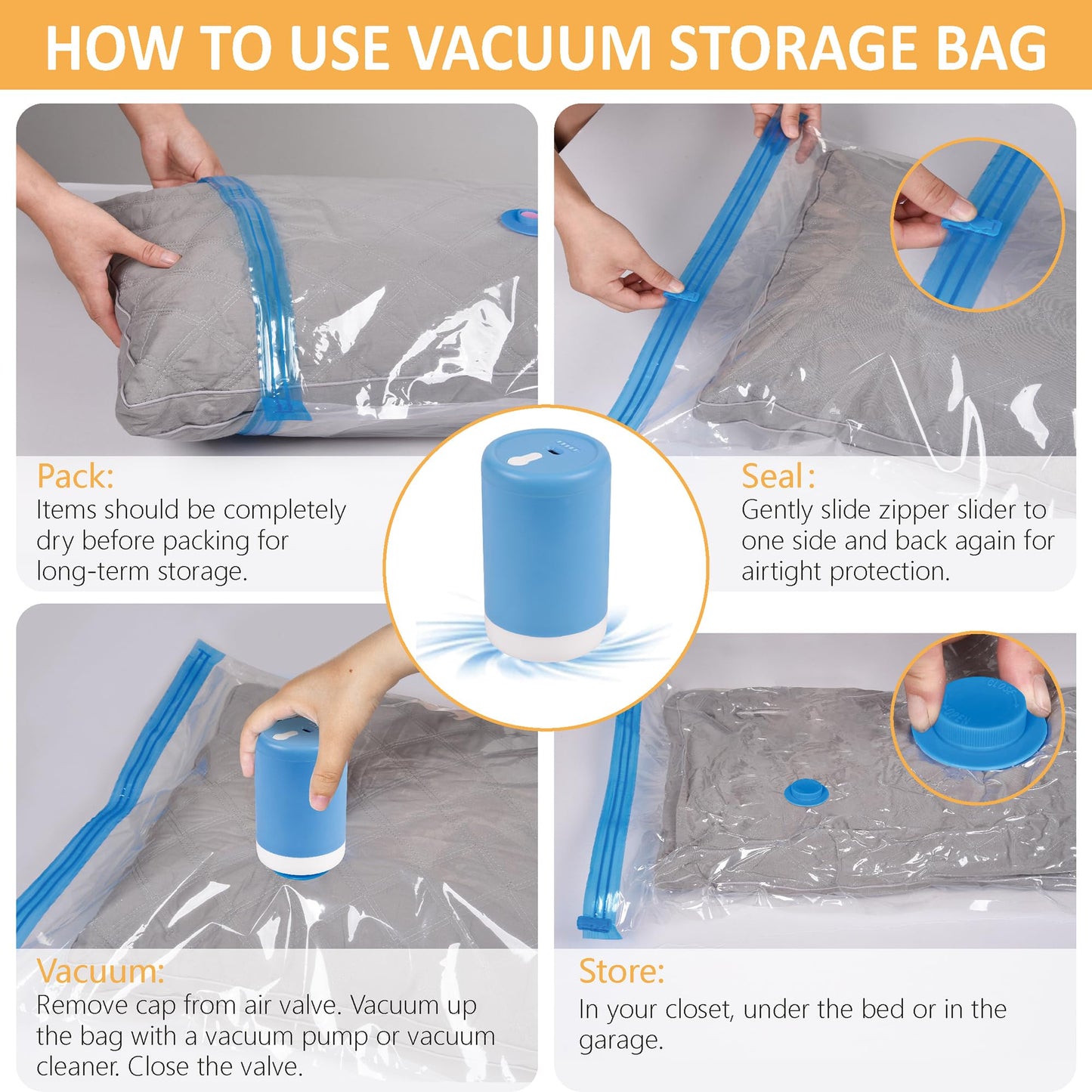 Vacuum Storage Bags with Electric Pump, 22 Pack (3 Jumbo/3 Large/8 Medium/8 Small) Vacuum Seal Space Saver Bags for Clothing, Pillows, Blanket, Bedding, Comforters