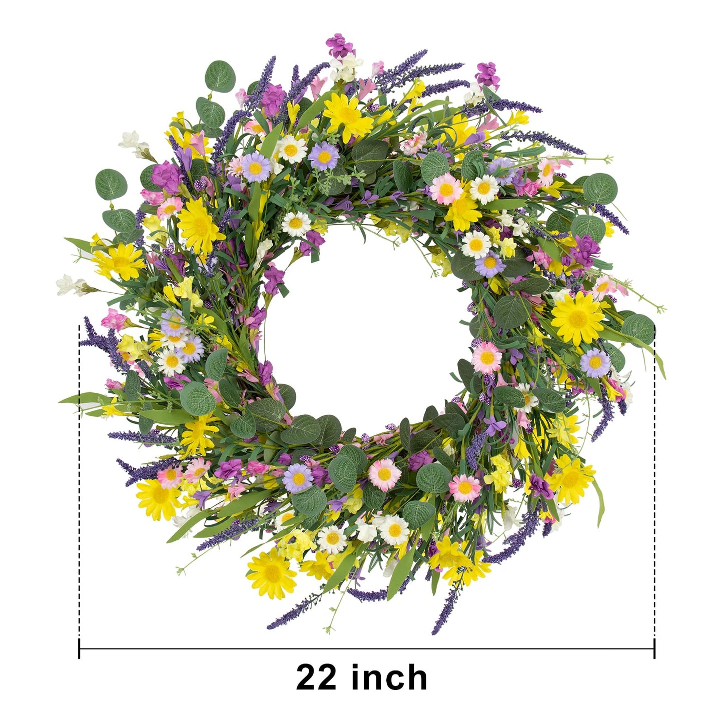 J'FLORU Spring Wreaths for Front Door 22 Inch Artificial Summer Wreath Daisy and Lavender Wreath with Wildflowers for Home Wall Farmhouse Springtime Easter Holiday Party