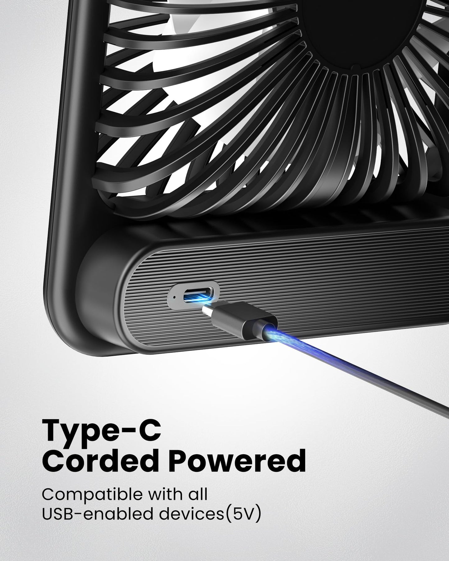 Koonie USB Desk Fan, Strong Wind Ultra Quiet Small Personal Fan with 180° Tilt Folding and 3 Speeds Adjustable, USB-C Corded Powered Mini USB Fan for Office Desktop Bedroom, 5in