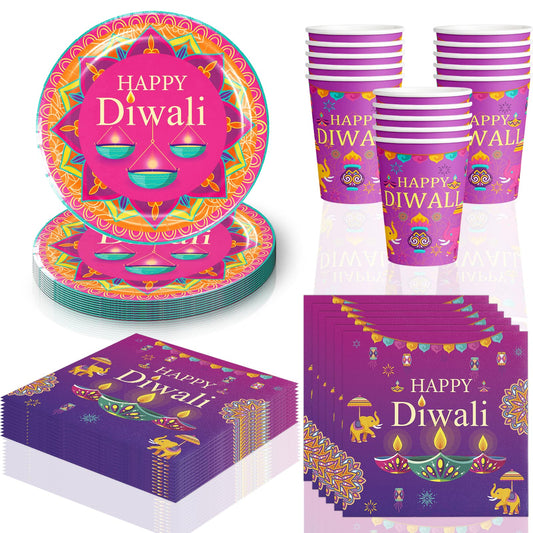 60Pcs Diwali Party Supplies,Happy Diwali Party Disposable Tableware Include Plates Cupsand Napkins Indian Festival of Lights Party Decorations(Serves 20)