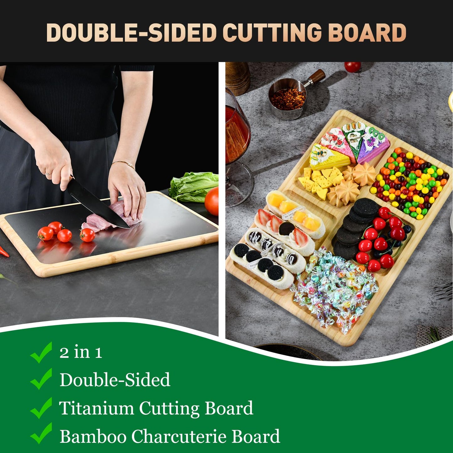 2 in 1 Double Sided Titanium Cutting Board & Bamboo Food Serving Charcuterie Cheese Board with Compartments, Stainless Steel Chopping Board Kitchen Serving Tray for Meat, Veggies,Snacks 13*10*0.8"