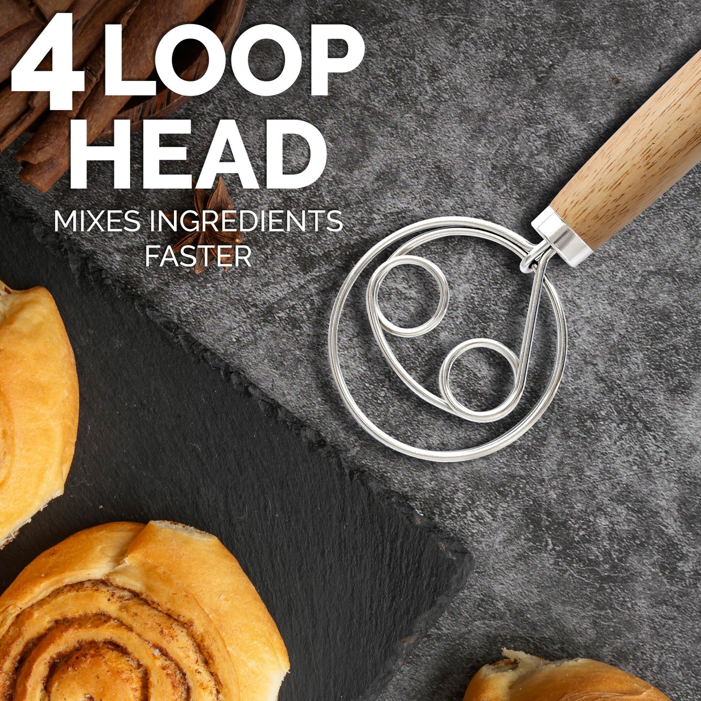 Zulay Kitchen Double-Eye 13" Danish Dough Whisk - Durable Easy Mixing Bread Whisk, Stainless Steel Danish Dough Hook, Sourdough Whisk For Mixing, Traditional Dutch Whisk, Dough Mixer Tool - Acacia