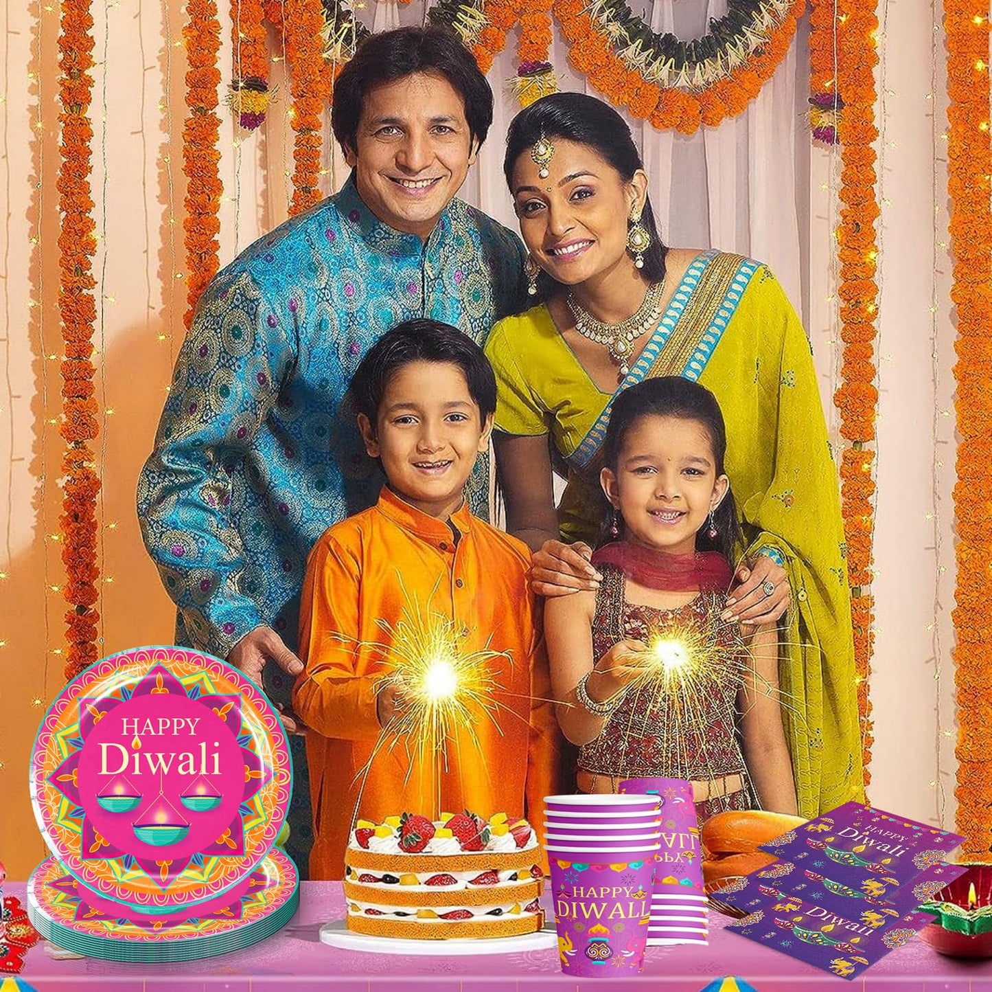 60Pcs Diwali Party Supplies,Happy Diwali Party Disposable Tableware Include Plates Cupsand Napkins Indian Festival of Lights Party Decorations(Serves 20)