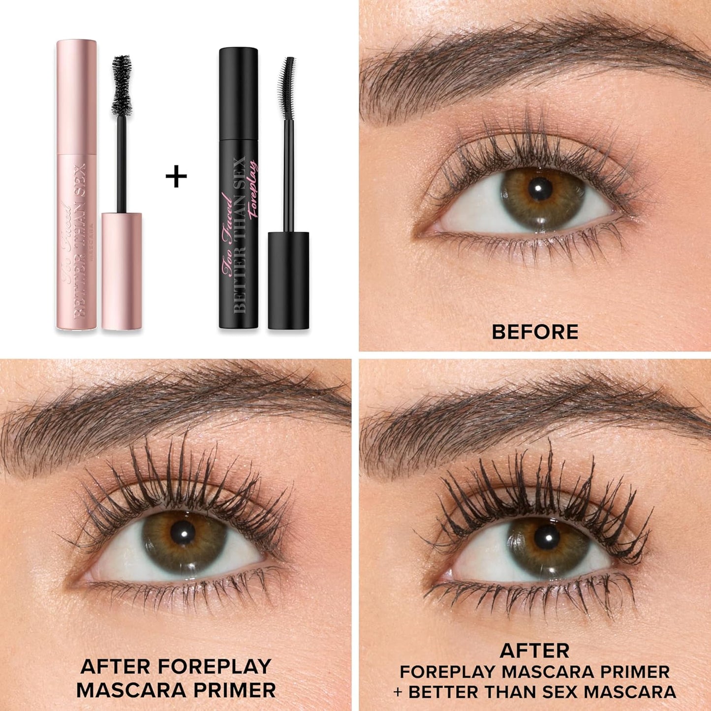 Too Faced Foreplay & Better Than Sex Duo | Dramatic Volume + Length Mascara and Primer Gift Set, 0.54 Fl Oz, Black